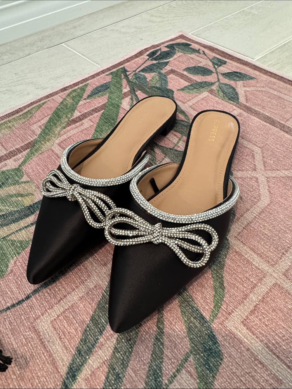 NEW Black Pointed Toe Slide Mules with Crystal Bow size 9